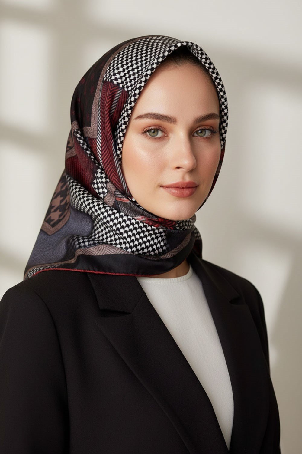 %100 Twill İpek Kazakayaklı Ve Ekose Desenli Siyah - Bordo Renkli 90x90 Eşarp Dikim Şekli : El Dikişi