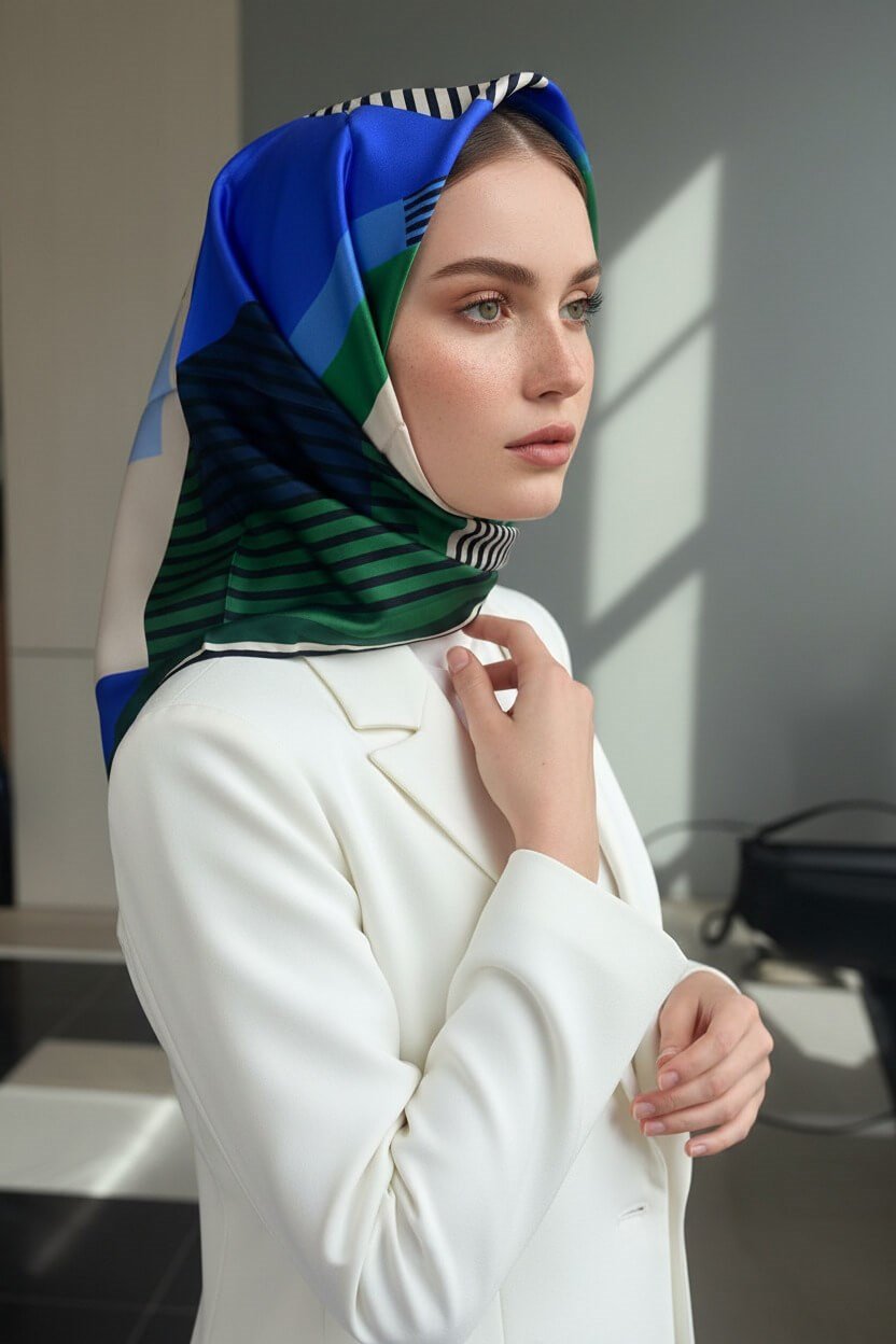 100% Twill İpek Geometrik Desenli Saks - Zümrüt Yeşili Renkli 90x90 Dikim Şekli : El Dikişi Eşarp