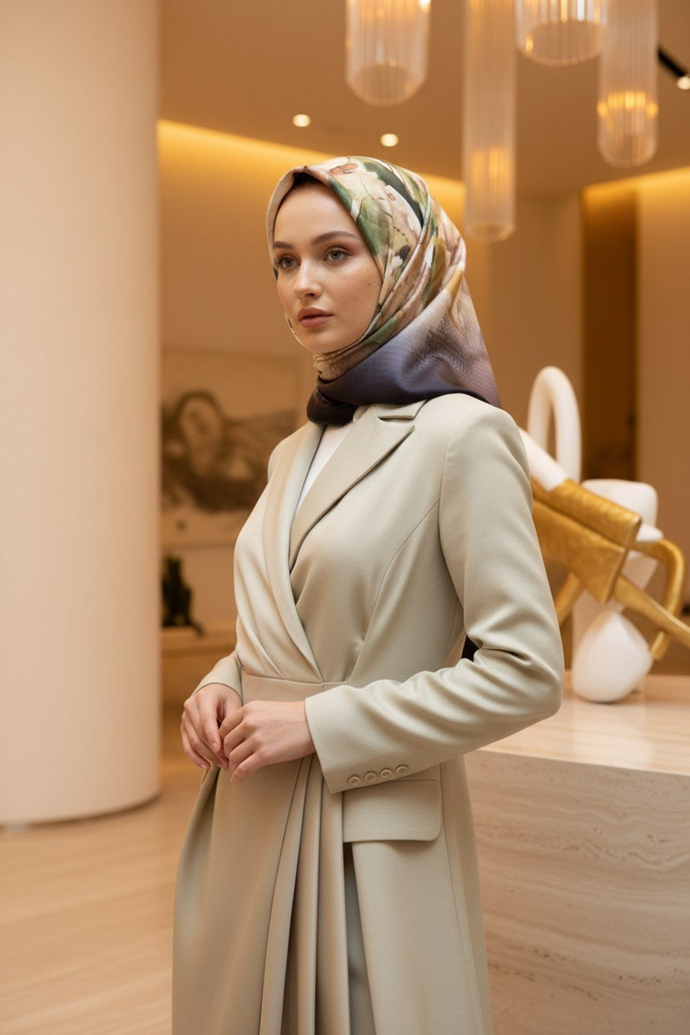 %100 Twill İpek Suluboya Çiçek Desenli Hardal - Haki Renkli 90x90 Eşarp Dikim Şekli : El Dikişi