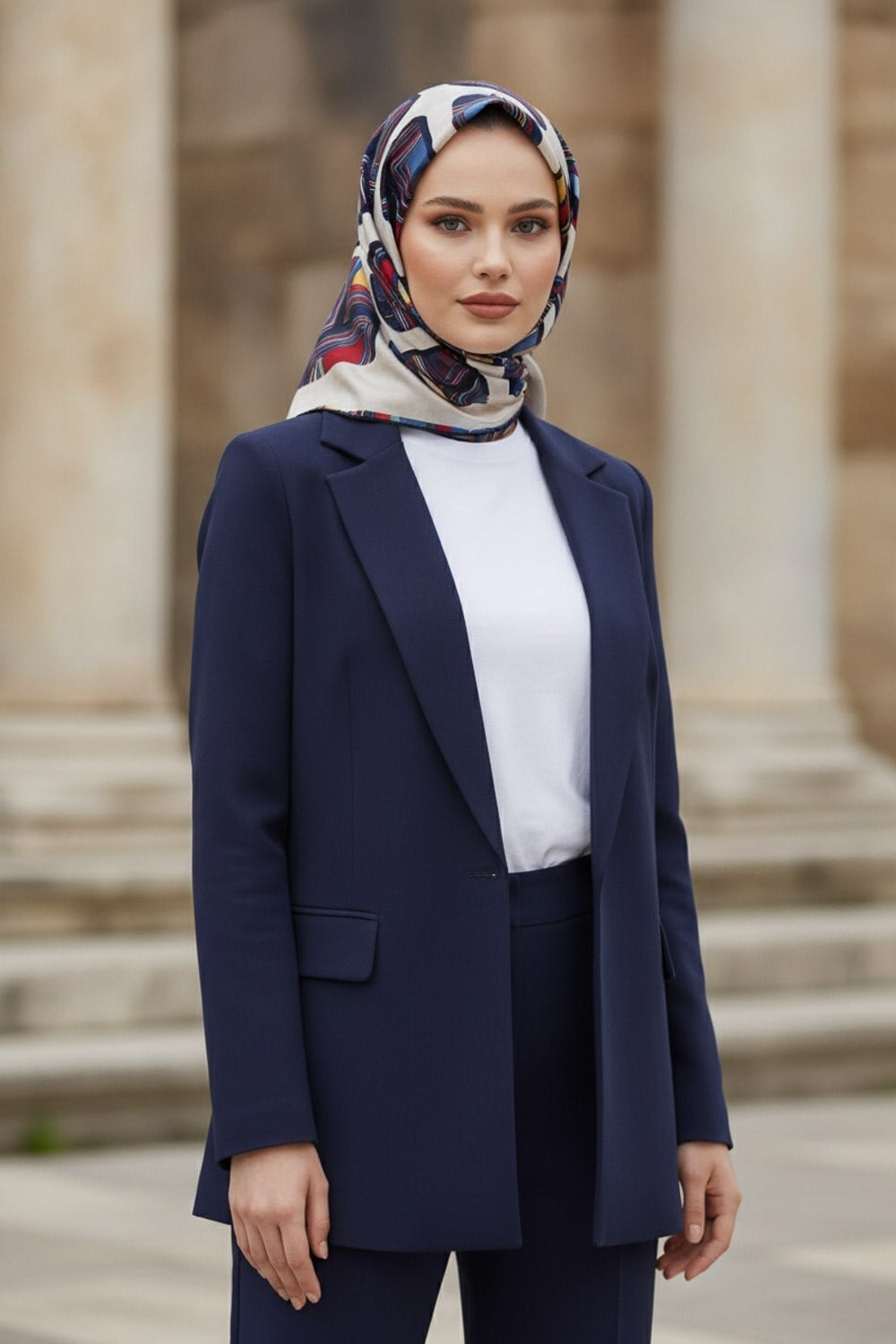 %100 Twill İpek Geometrik Kare Desenli Kırmızı - Lacivert Renkli 90x90 Eşarp Dikim Şekli : El Dikişi