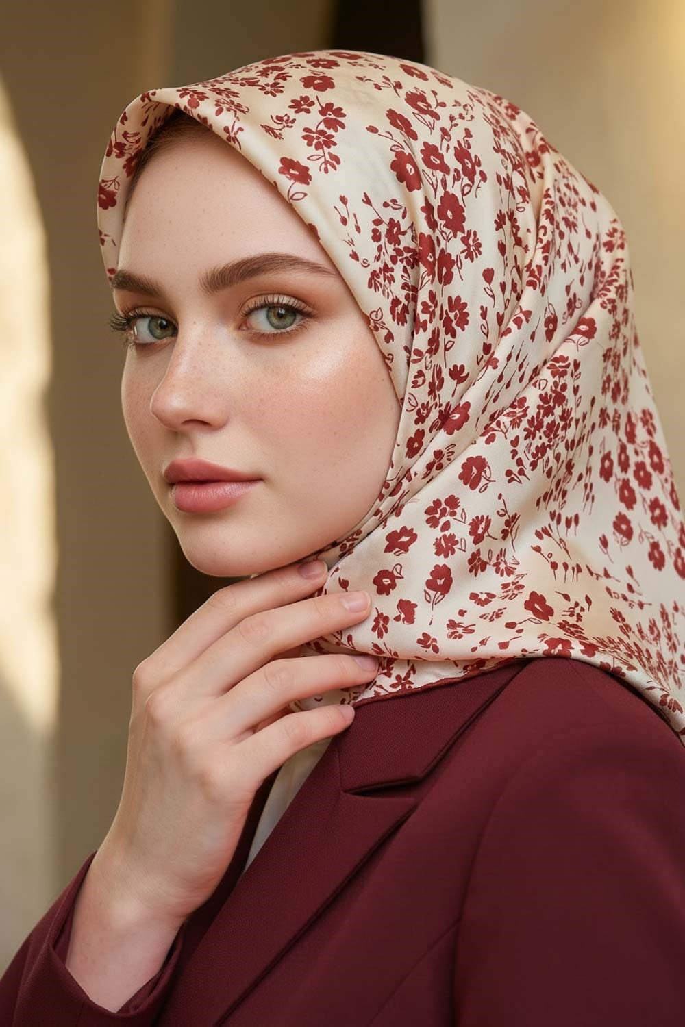 %100 Twill İpek Çıtır Çiçek Desenli Krem - Bordo Renkli 90x90 Eşarp Dikim Şekli : El Dikişi