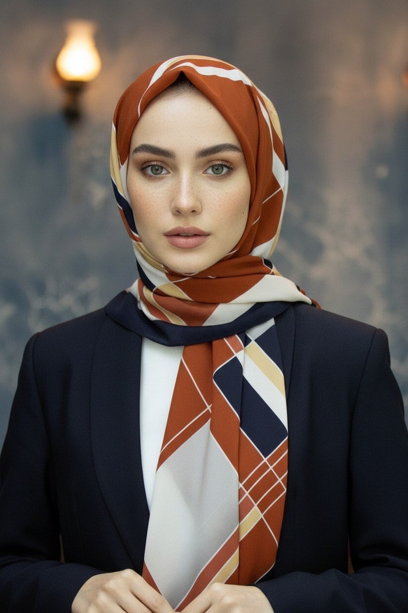 KREP GEOMETRİK DESENLİ TABA RENKLİ 75X195 KIRIŞMAZ ŞAL