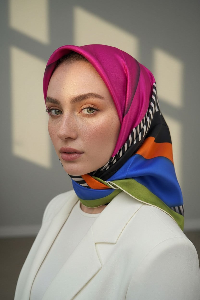 %100 Twill Renk Bloklu Çizgili Desenli Fuşya - Saks Renkli 90x90 Eşarp Dikim Şekli: El Dikişii
