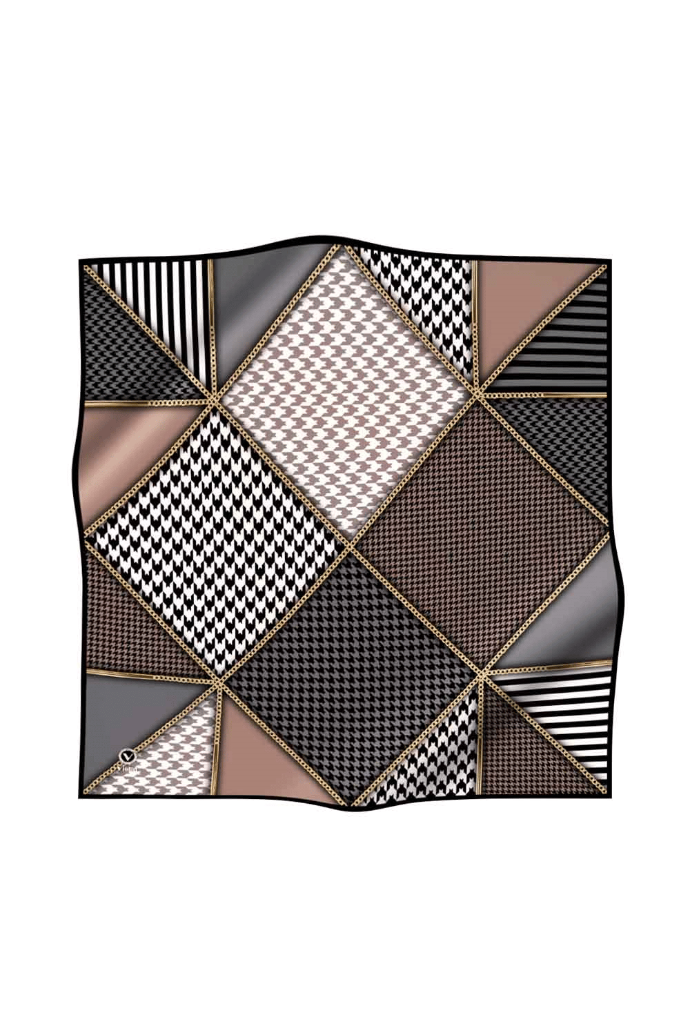 Twil Geometrik Ve Kazayak Desenli Bej - Gri Renkli 90x90 Eşarp (İpek İçermez) Dikim Şekli : El Dikişi