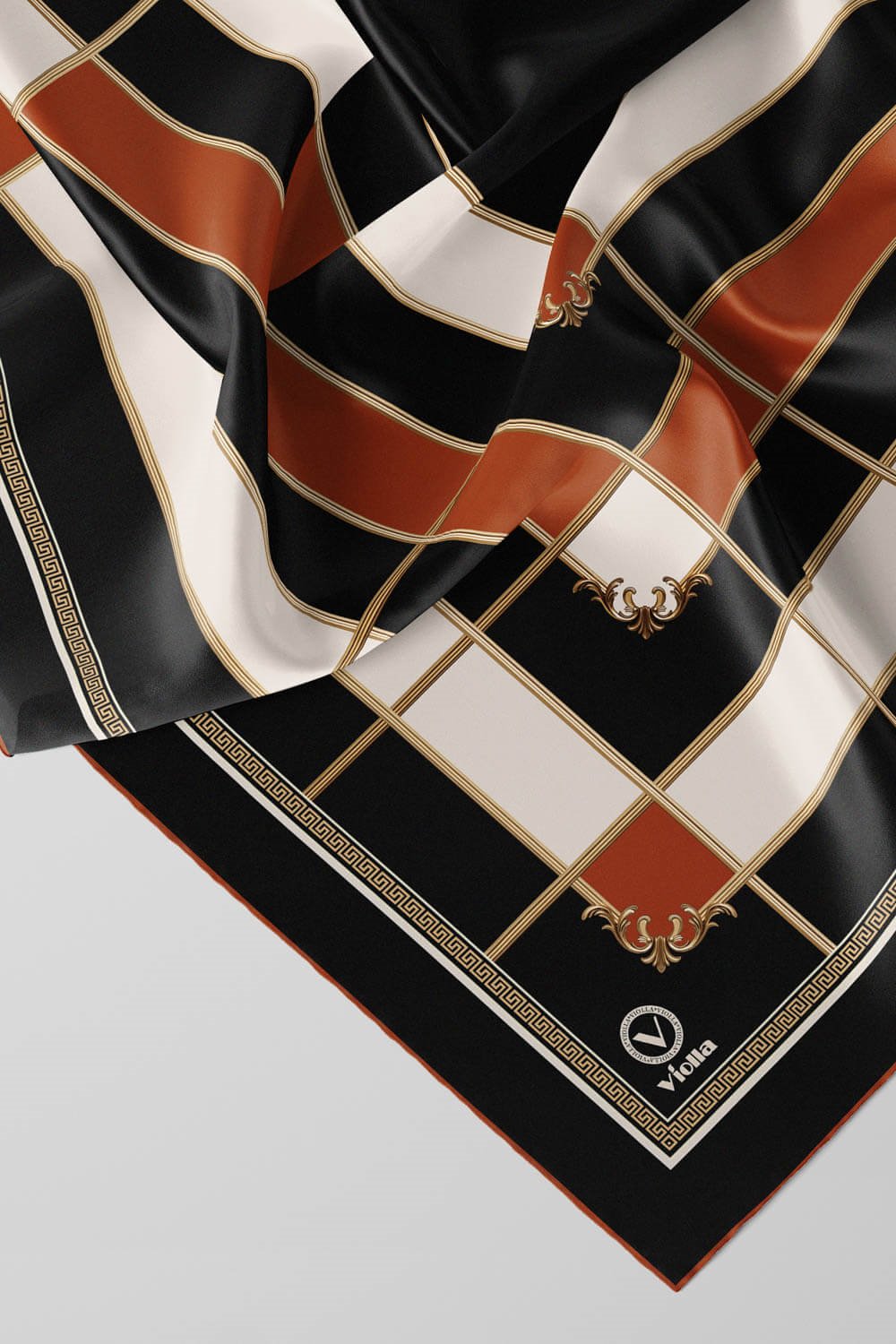 Twill Gold Detaylı Kareli Desenli Taba Renkli 90x90 Eşarp (İpek İçermez) Kenar Dikiş Şekli El Dikişli