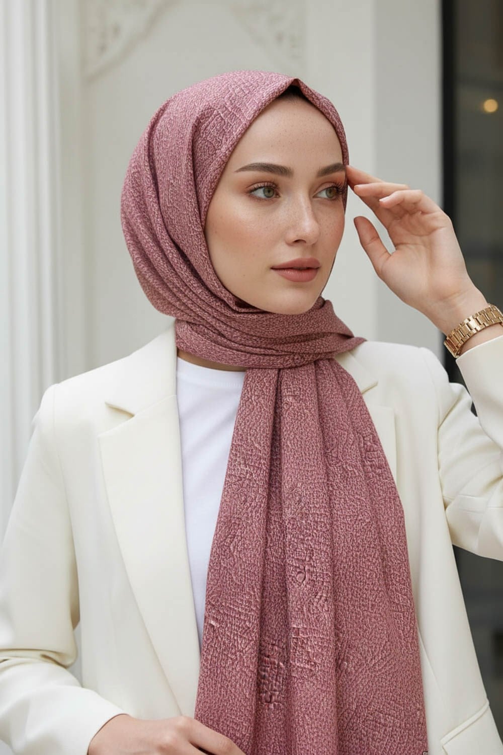 KREP DESENLİ PUDRA RENKLİ 75X195 KIRIŞMAZ ŞAL