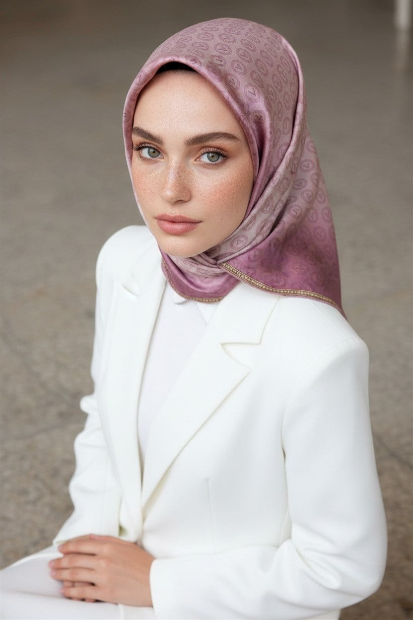 % 57 İPEK % 43 VİSKON Twill İpek Monogram Desenli Pudra - Gold Renkli 90x90 Eşarp Dikim Şekli : El Dikişi