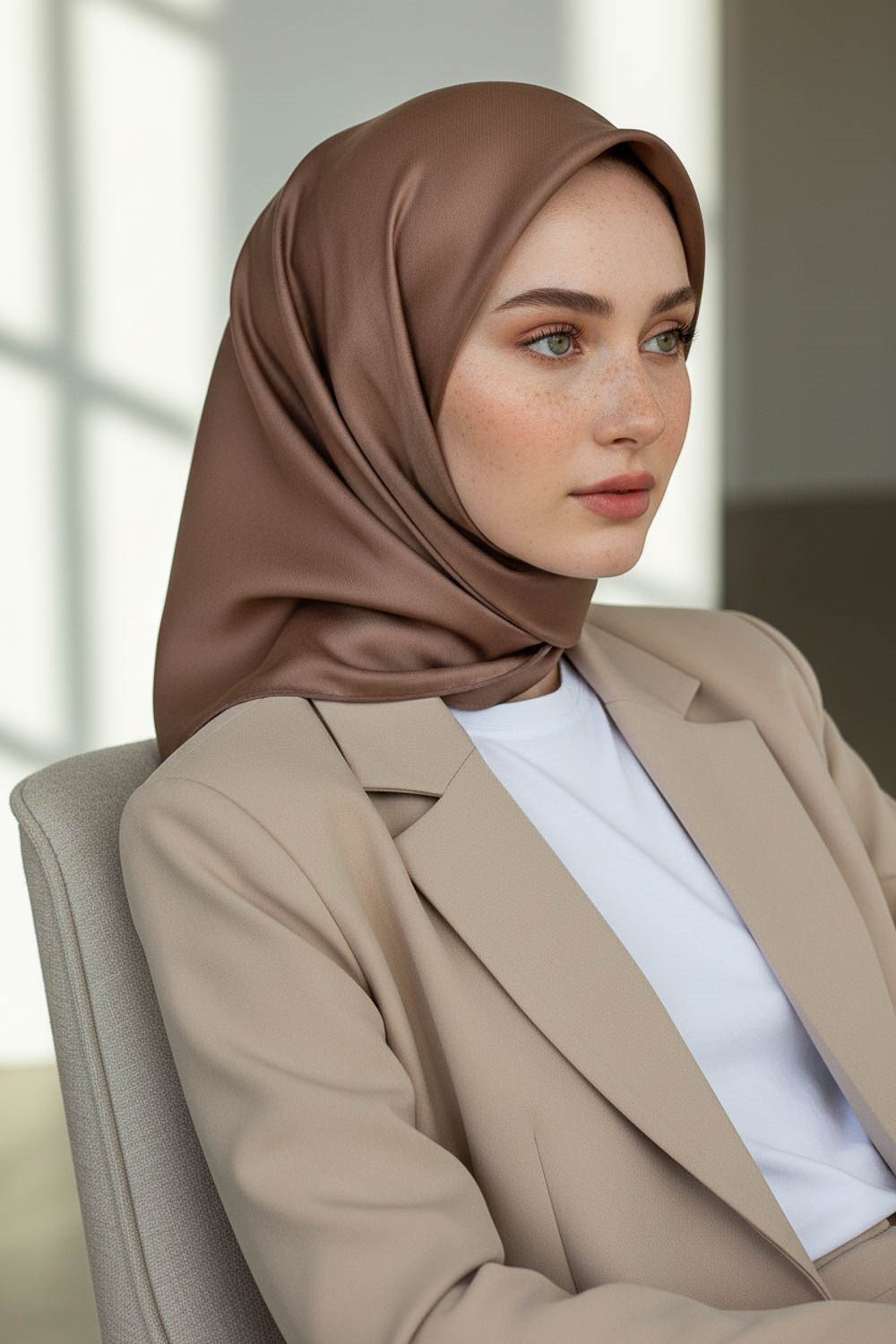 %100 Twill İpek Düz Bej Renkli Daha Tok Exclusive Serisi 90x90 Eşarp Dikim Şekli : El Dikişi