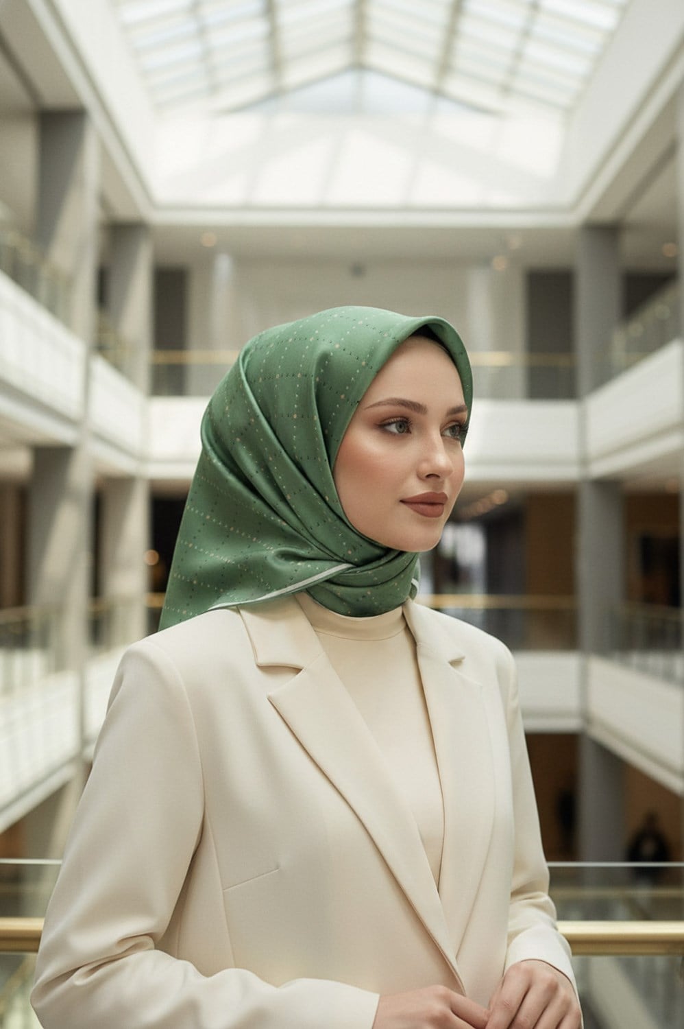%100 Twill İpek Minik V Desenli Zümrüt Yeşili Renkli 90x90 Eşarp Dikim Şekli : El Dikişi