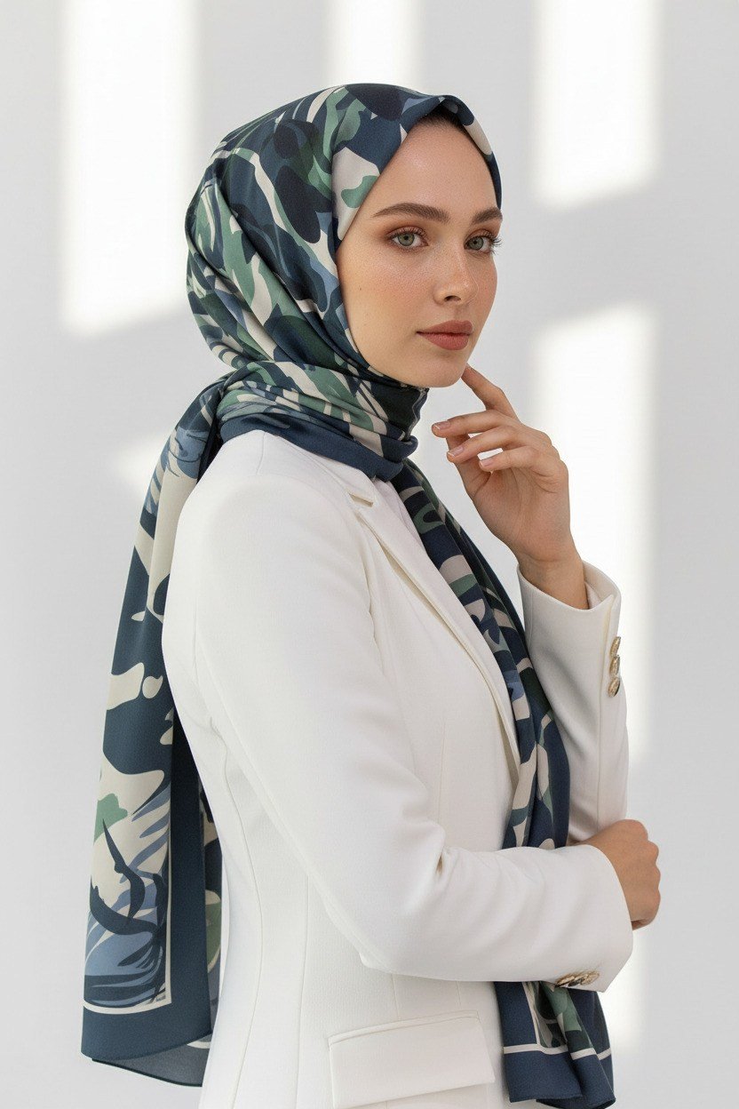 KREP GEOMETRİK DESENLİ İNDİGO RENKLİ 75X195 KIRIŞMAZ ŞAL