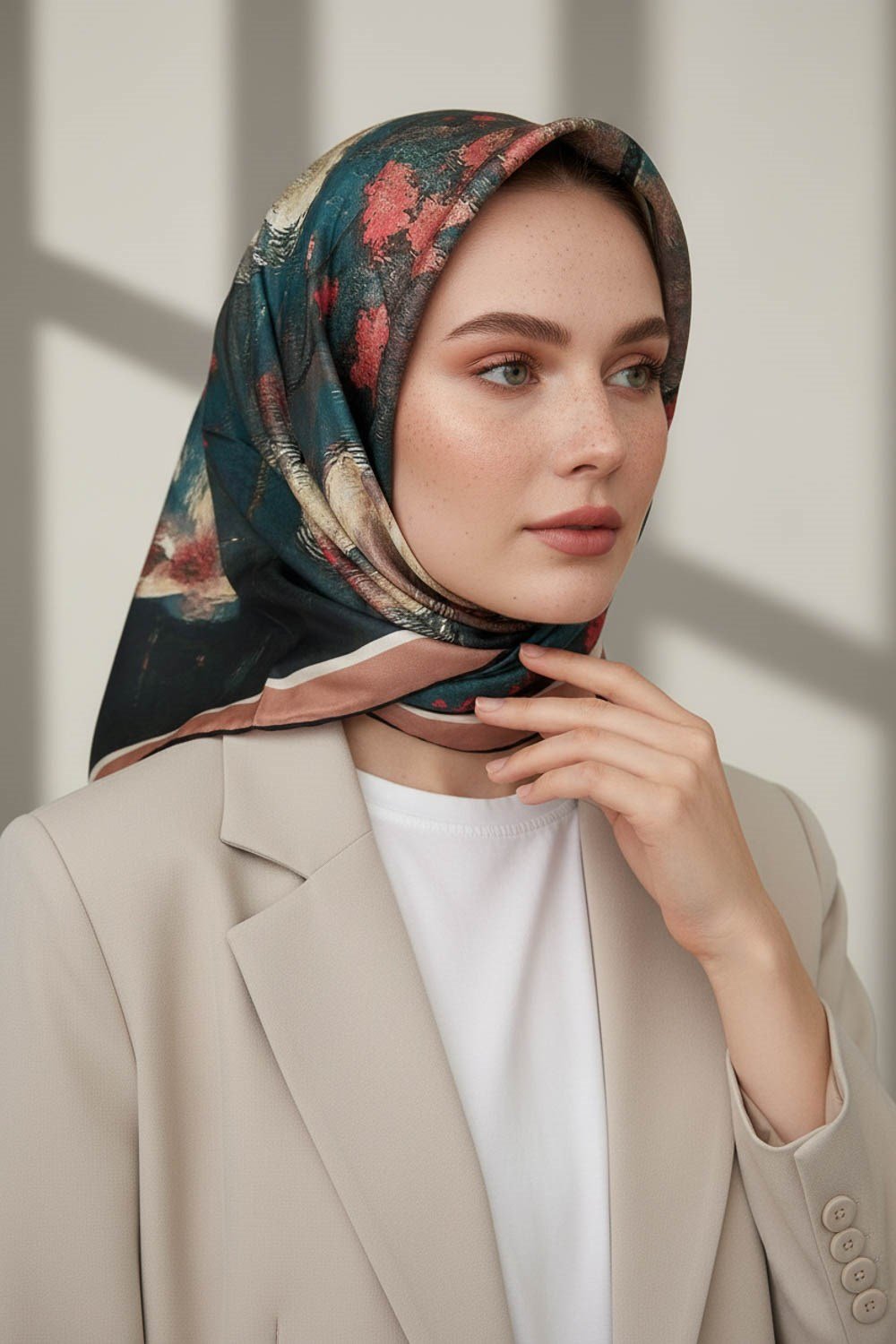 %100 Twill İpek Yağlı Boya Çiçek Desenli Petrol Yeşili Renkli 90x90 Eşarp Dikim Şekli : El Dikişi