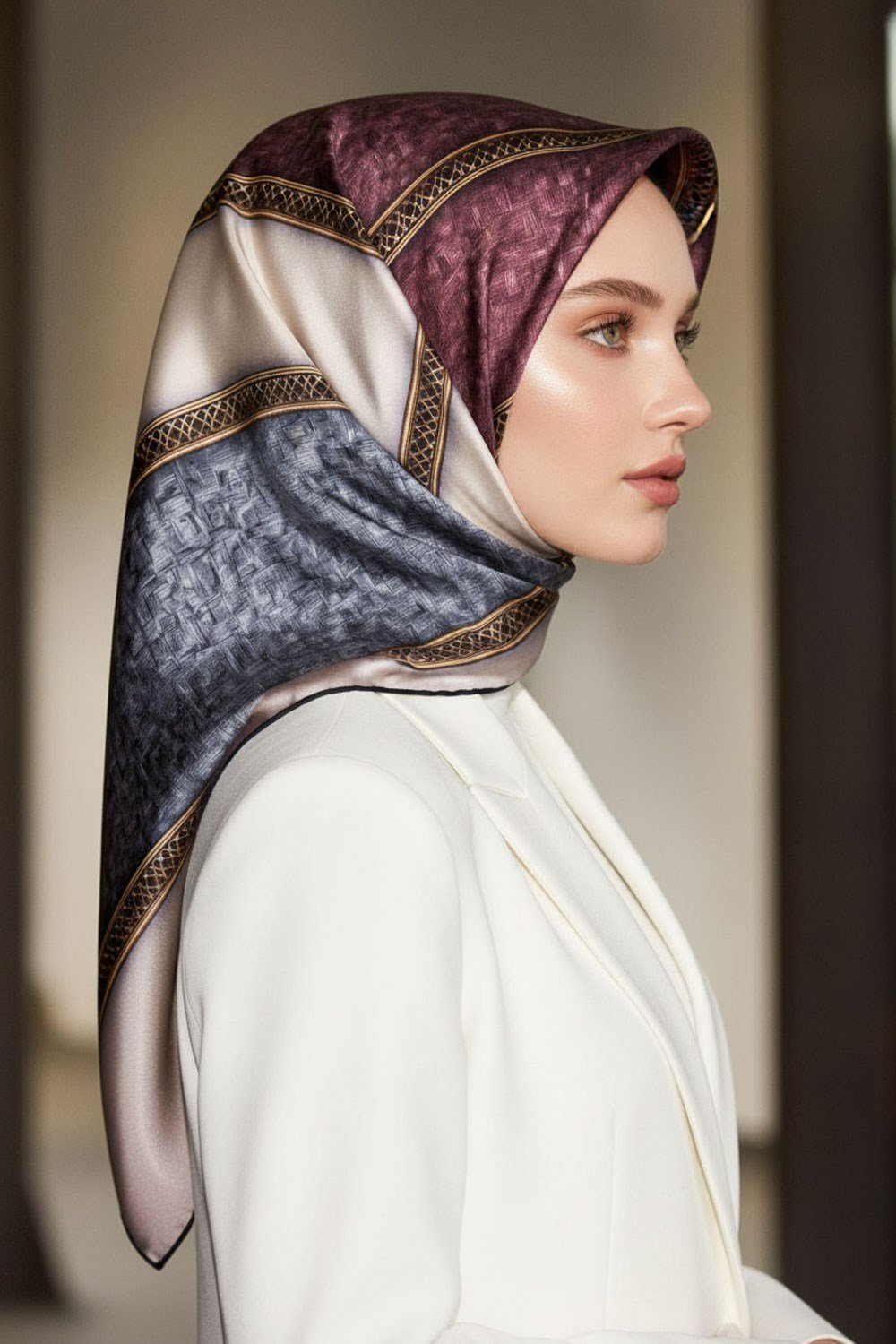 %100 Twill İpek Dokulu Ve Şerit Desenli Gri - Pudra Renkli 90x90 Eşarp Dikim Şekli : El Dikişi