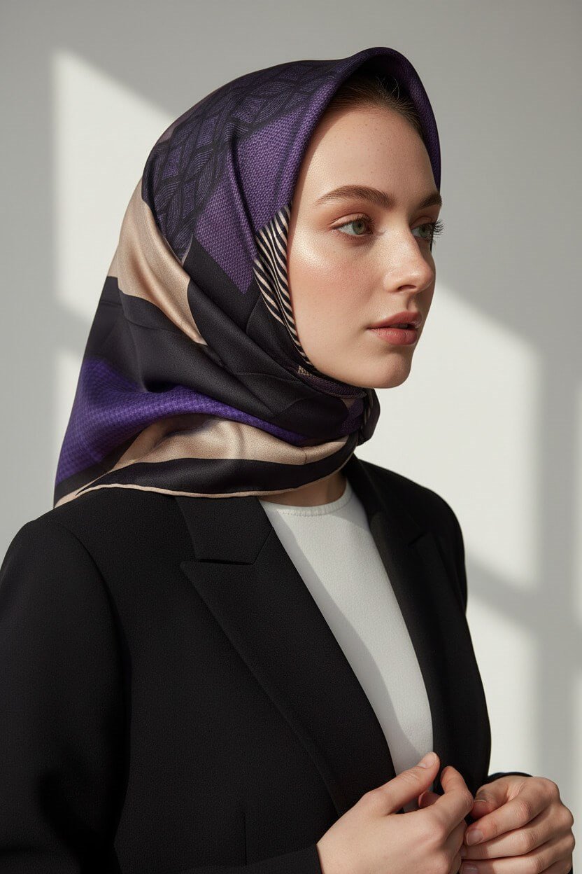 %100 Twill İpek Geometrik Desenli Mor - Siyah Renkli 90x90 Eşarp Dikim Şekli : El Dikişi