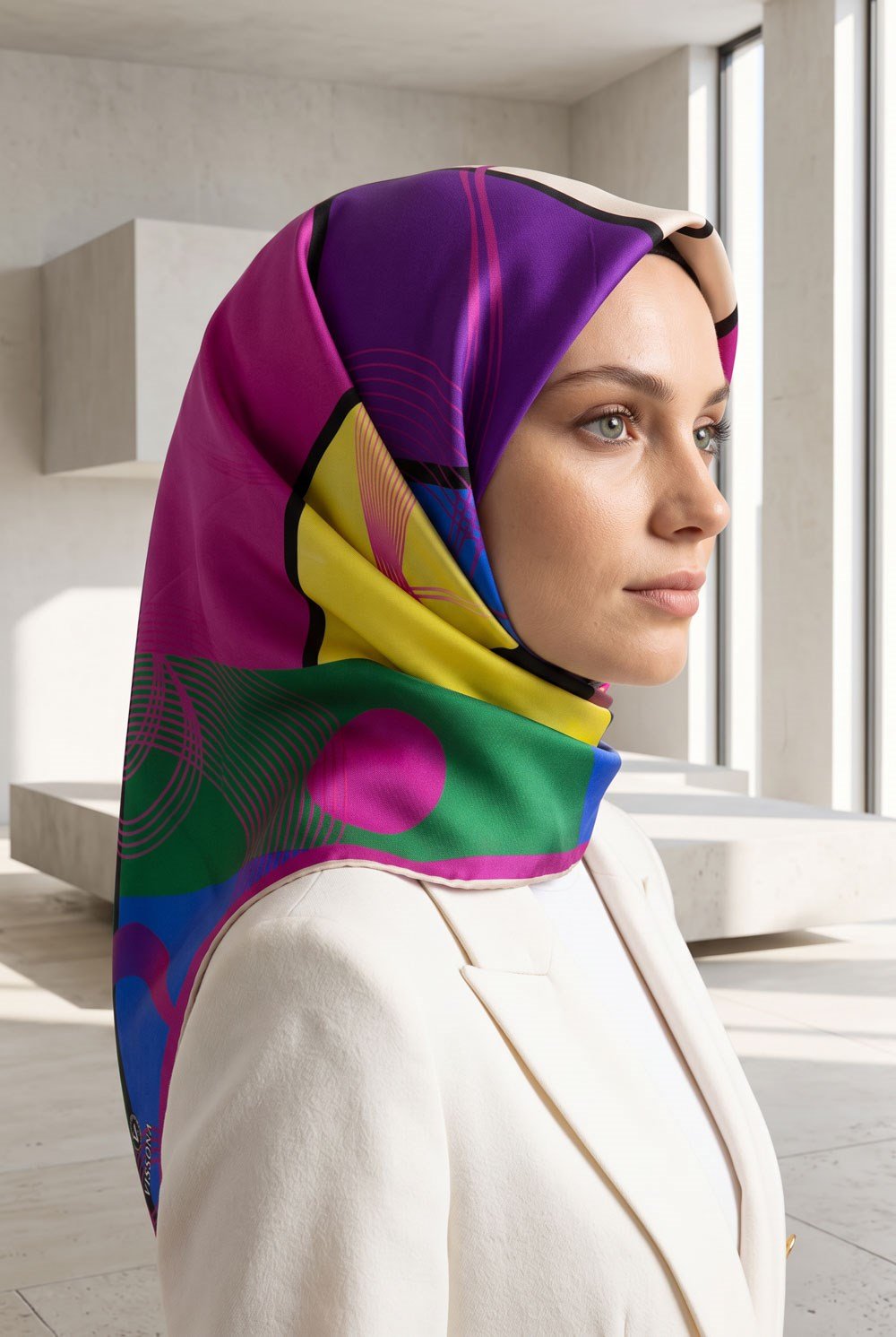 %100 Twill İpek Geometrik Desenli Zümrüt Yeşili - Fuşya Renkli 90x90 Eşarp Dikim Şekli : El Dikişi