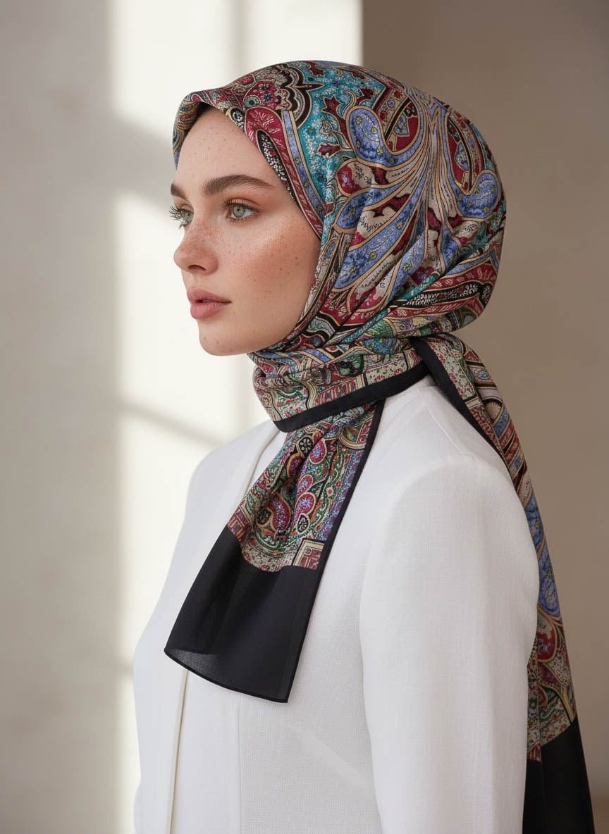 %100 Saf İpek Şal İnce Saten Vual Dokuma Etnik Desenli Siyah - Zümrüt Yeşili Renkli 90x210 Şal