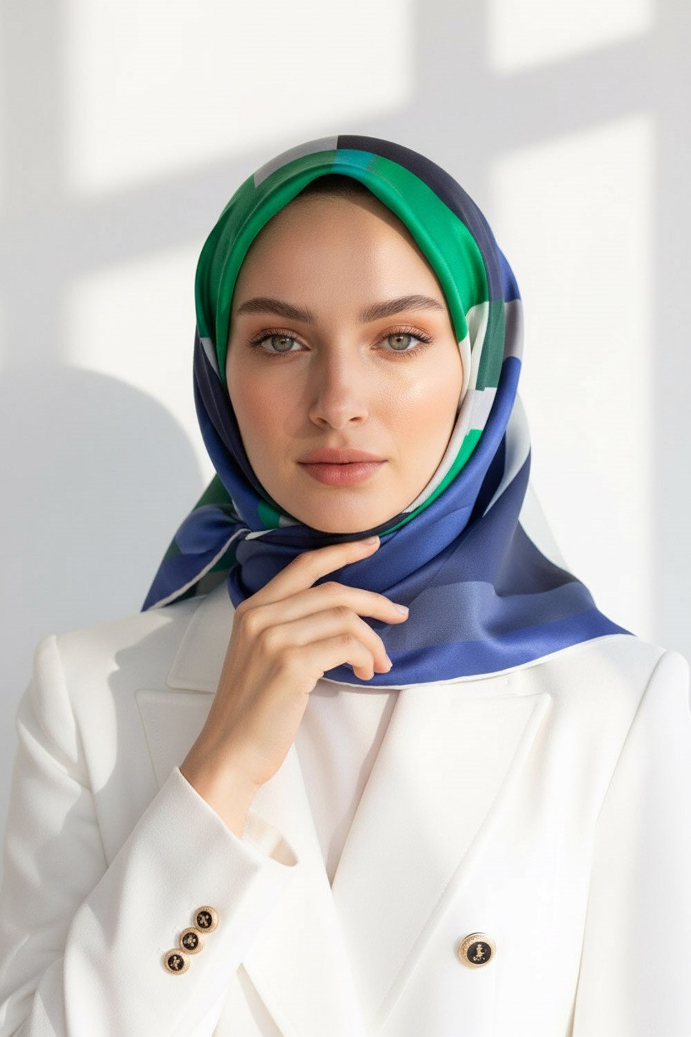 % 57 İPEK % 43 VİSKON Twill İpek Geometrik Desenli Zümrüt Yeşili - Saks Renkli 90x90 Eşarp Dikim Şekli : El Dikişi