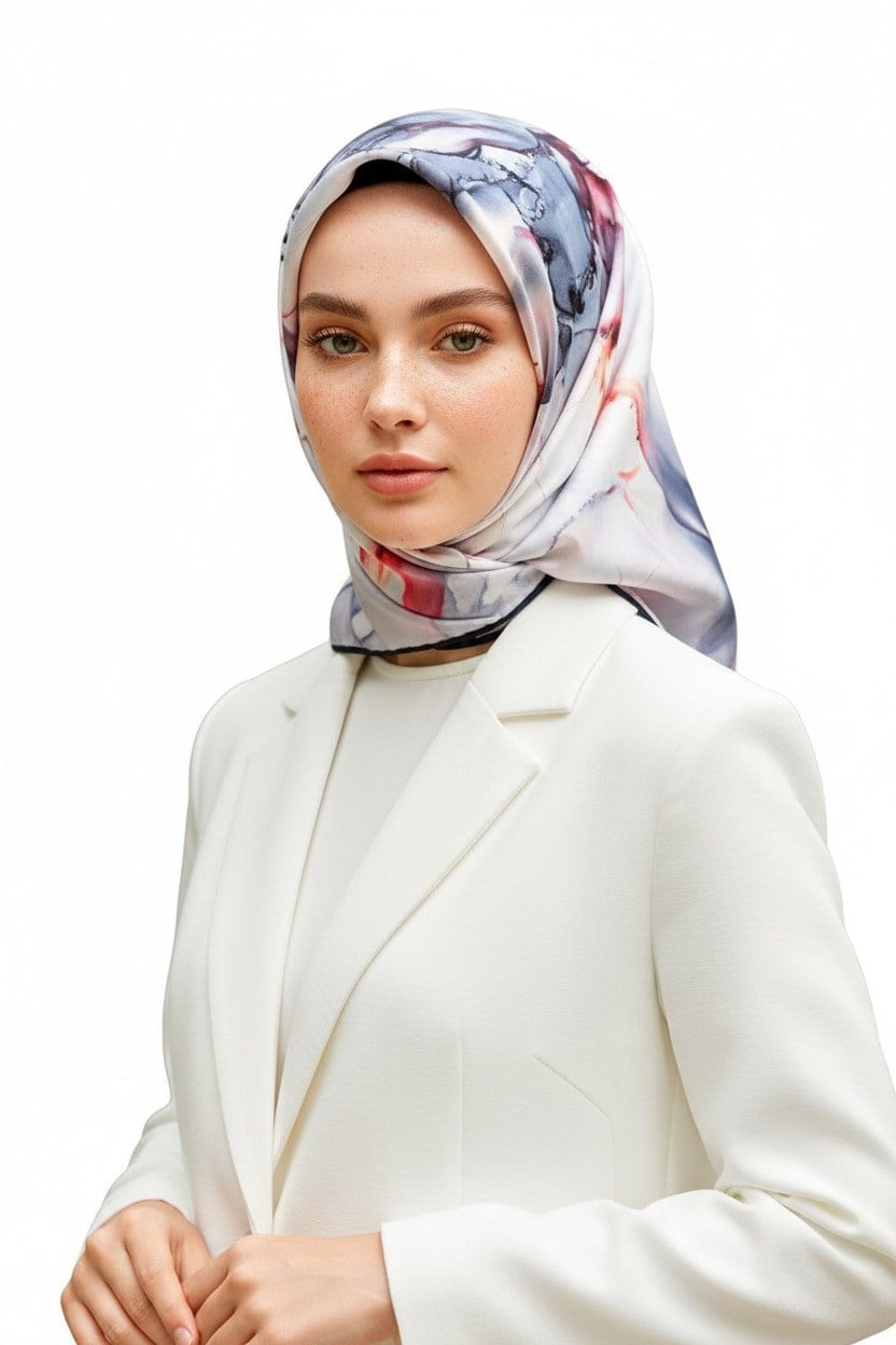 % 57 İPEK % 43 VİSKON Twill İpek Batik Çiçek Desenli İndigo - Bakır Renkli 90x90 Eşarp Kenar Dikiş Şekli El Dikişli