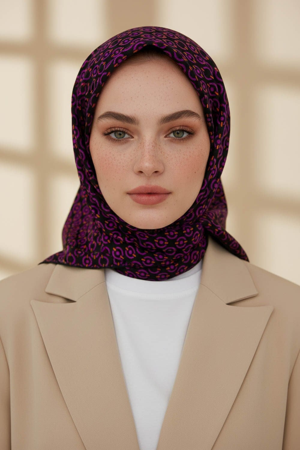 %100 Twill İpek Zincir Desenli Siyah - Fuşya Renkli 90x90 Eşarp Kenar Dikiş Şekli El Dikişli