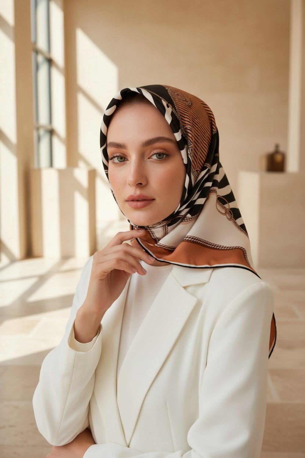 %100 Twill İpek Zincirli Ve Zebra Desenli Bakır - Siyah Renkli 90x90 Eşarp Dikim Şekli : El Dikişi