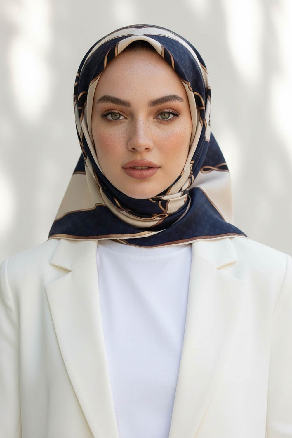 % 57 İPEK % 43 VİSKON Twill İpek Puantiyeli Ve Geometrik Desenli Lacivert - Krem Renkli 90x90 Eşarp Dikim Şekli : El Dikişi