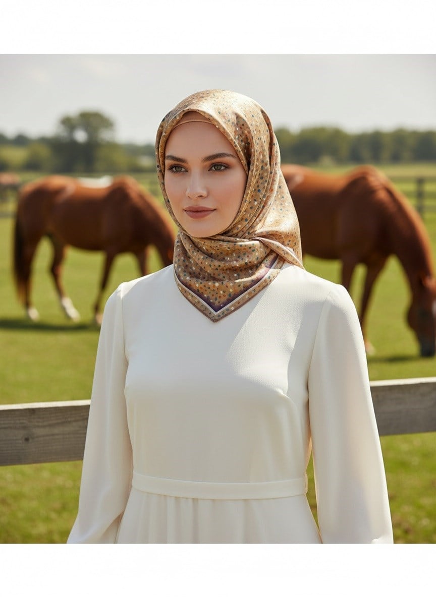 %100 Twill İpek Çıtır Desenli Bej Renkli 90x90 Eşarp Dikim Şekli : El Dikişi