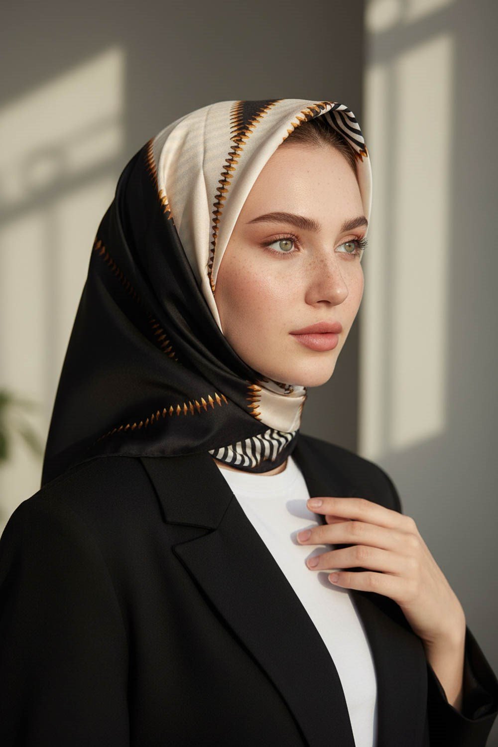%100 Twill İpek Geometrik Desenli Gümüş - Siyah Renkli 90x90 Eşarp Dikim Şekli : El Dikişi