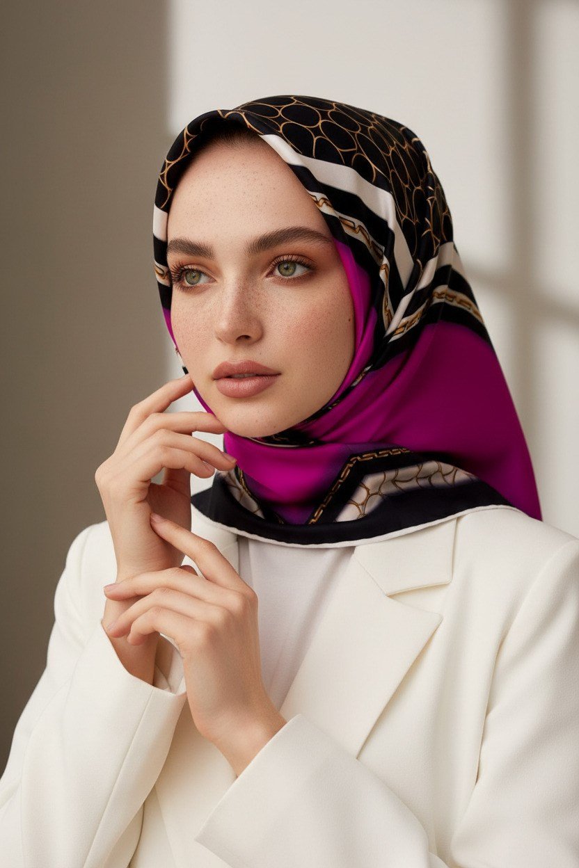 %100 Twill İpek Gold Halka Desenli Fuşya - Siyah Renkli 90x90 Eşarp Dikim Şekli : El Dikişi