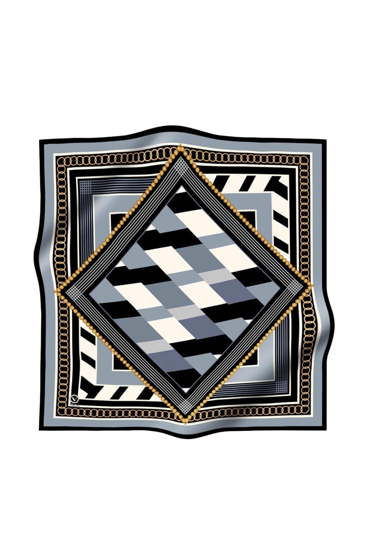 Soft Geometrik Desenli İndigo Renkli 90x90 Eşarp (İpek İçermez) Kenar Dikiş Şekli El Dikişli