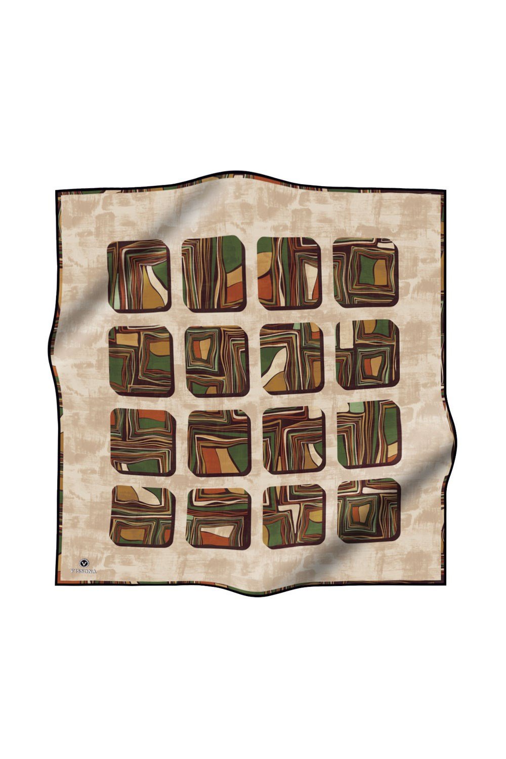 %100 Twill İpek Geometrik Kare Desenli Haki - Bej Renkli 90x90 Eşarp Dikim Şekli : El Dikişi