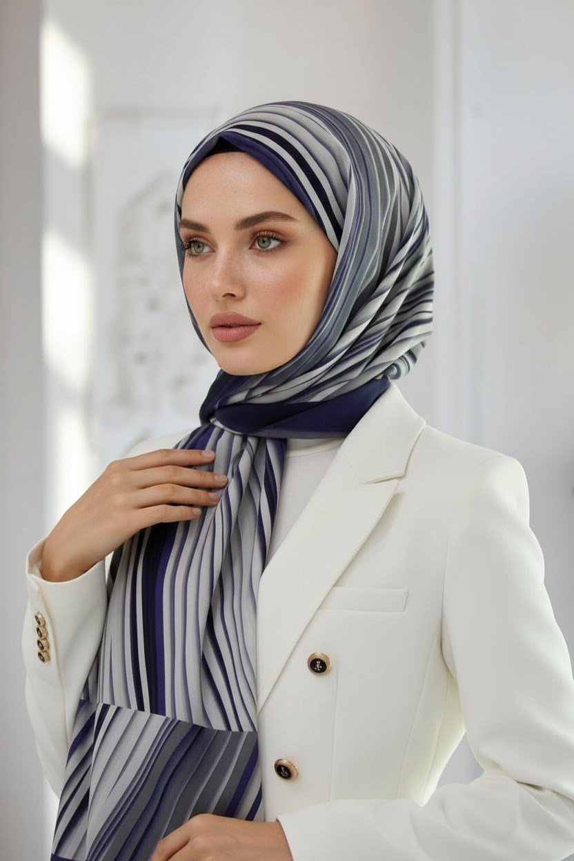 KREP ÇİZGİLİ DESENLİ İNDİGO RENKLİ 75X195 KIRIŞMAZ ŞAL