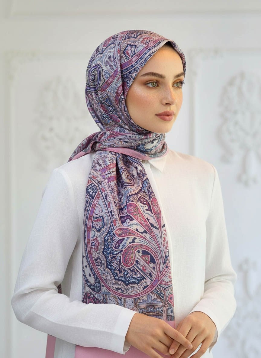 %100 Saf İpek Şal İnce Saten Vual Dokuma Etnik Desenli Pembe Renkli 90x210 Şal
