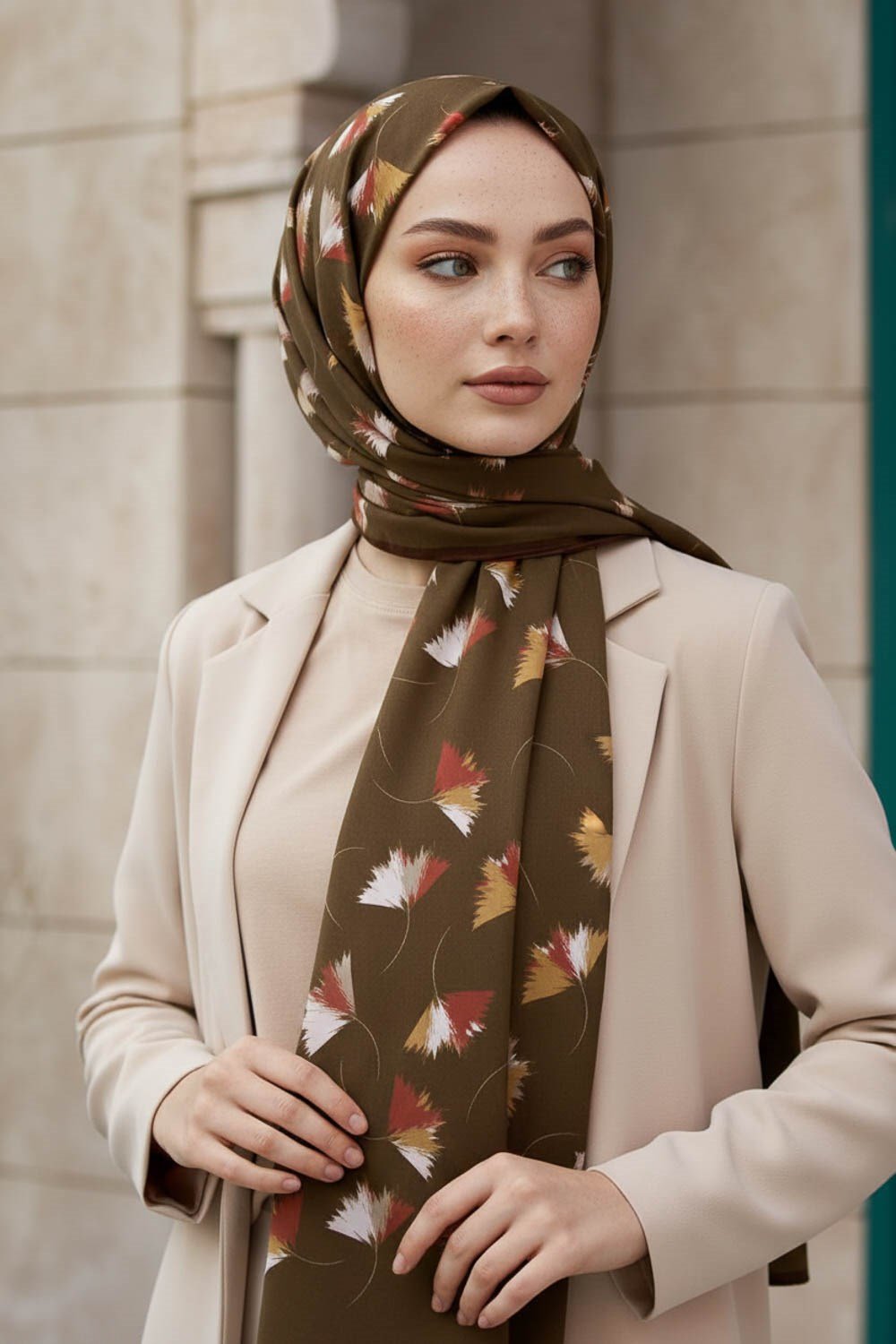 KREP YAPRAK DESENLİ KAHVERENGİ-1 RENKLİ 75X195 KIRIŞMAZ ŞAL