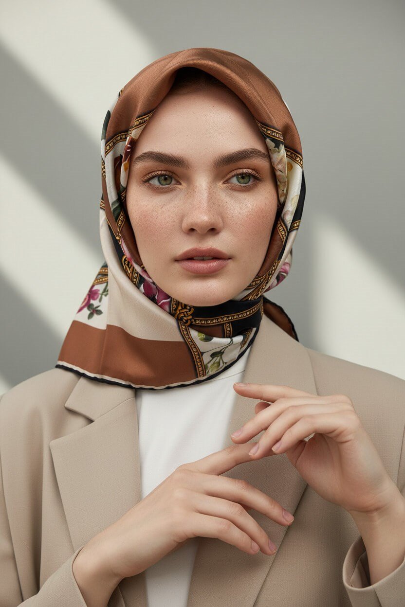 100% Twill İpek Şeritli Çiçek Desenli Bakır - Krem Renkli 90x90 Dikim Şekli : El Dikişi Eşarp