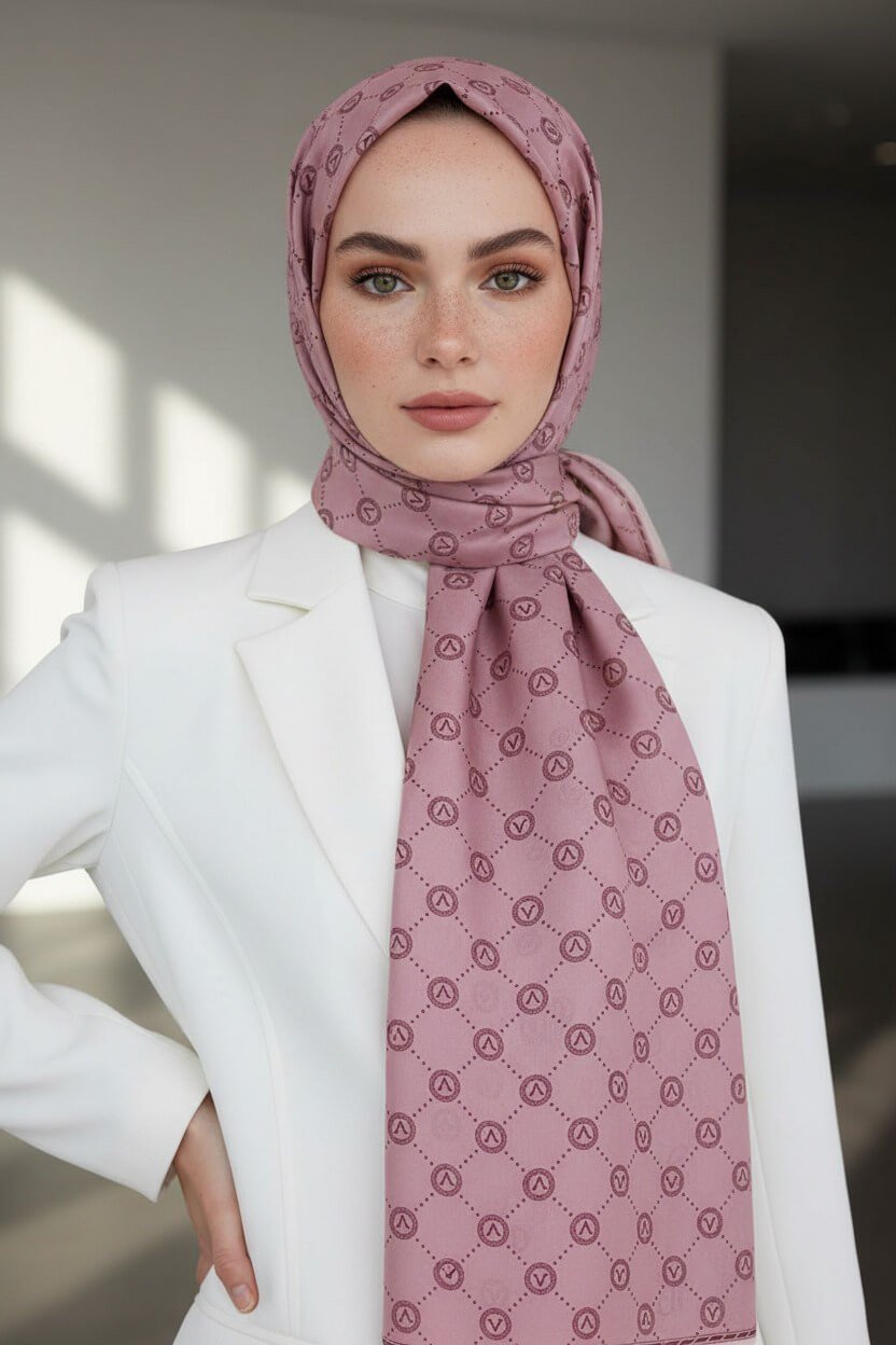 %100 Saf İpek Şal İnce Saten Vual Dokuma V Logo Desenli Gül Kurusu Renkli 90x210 Şal