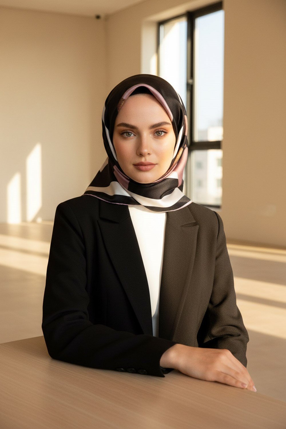 %100 Twill İpek Karo Desenli Pudra - Siyah Renkli 90x90 Eşarp Dikim Şekli : El Dikişi