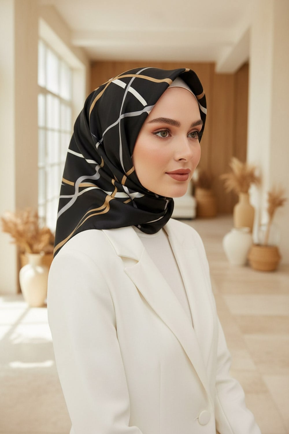 %57 İPEK %43 VİSKON Twill İpek Çizgili Desenli Siyah - Gold Renkli 90x90 Eşarp Dikim Şekli : El Dikişi