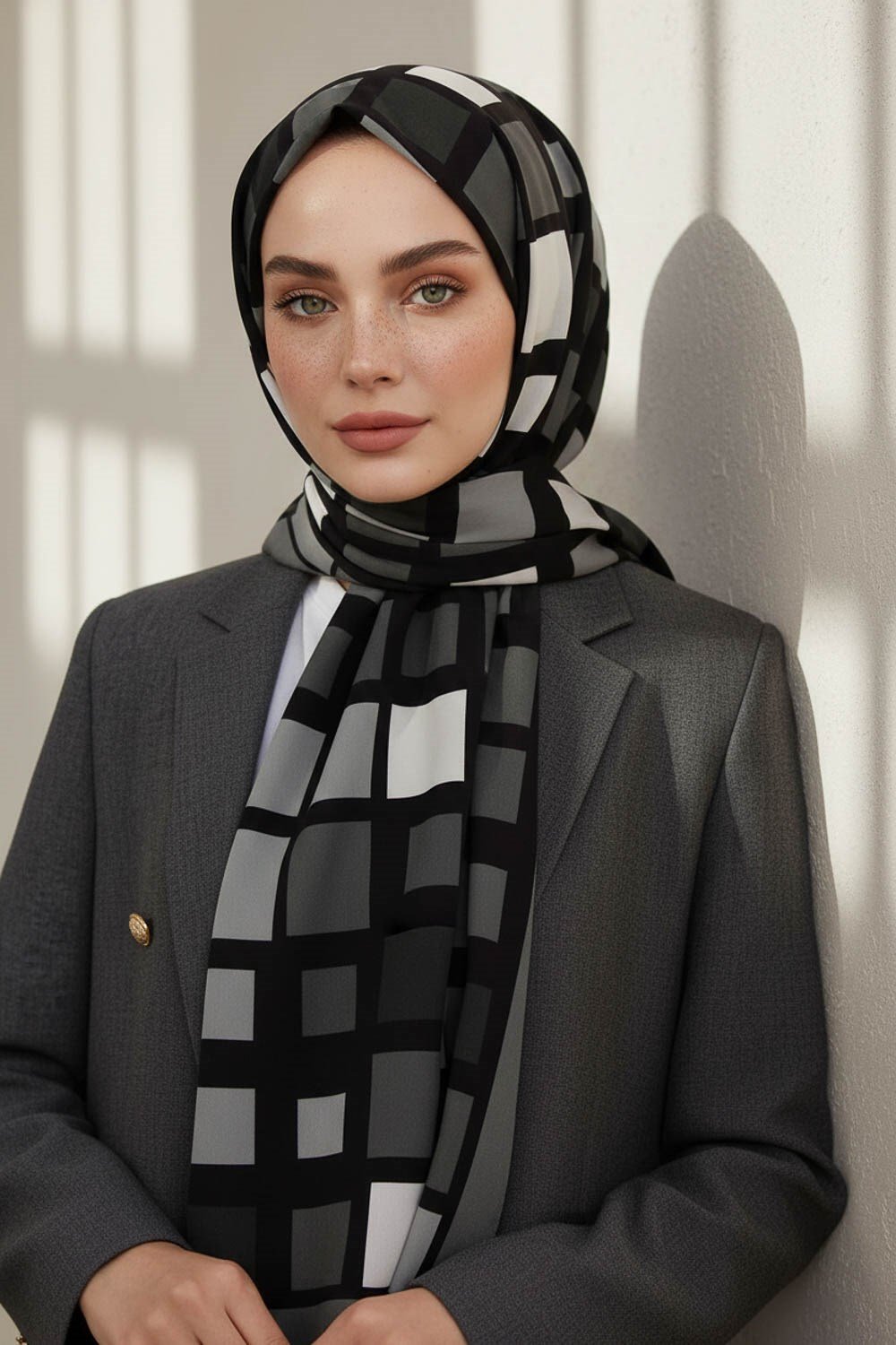 KREP KARE DESENLİ GRİ RENKLİ 75X195 KIRIŞMAZ ŞAL
