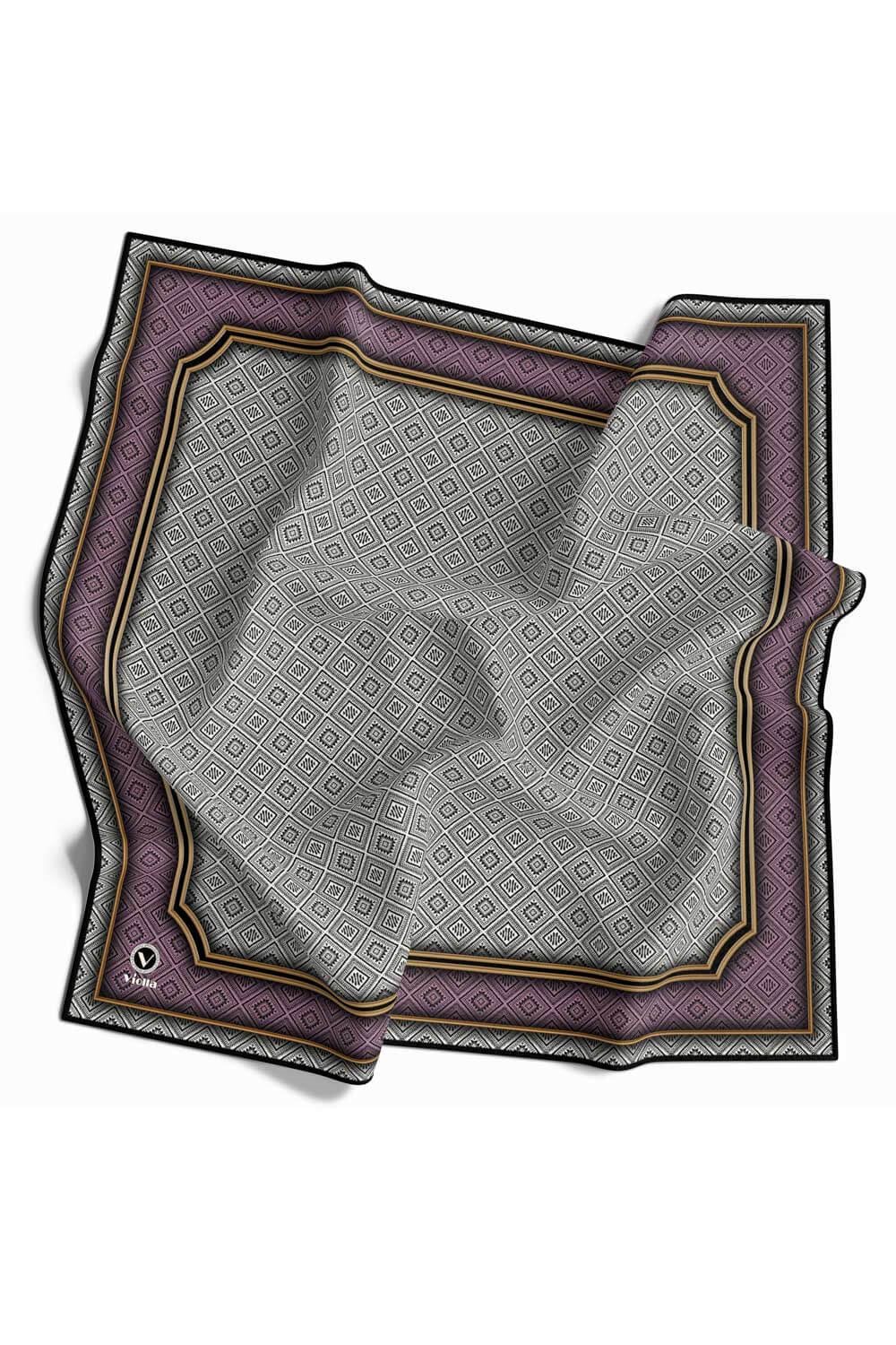 Twill Geometrik Çıtır Desenli Lila Renkli 90x90 Eşarp (İpek İçermez) Kenar Dikiş Şekli El Dikişli