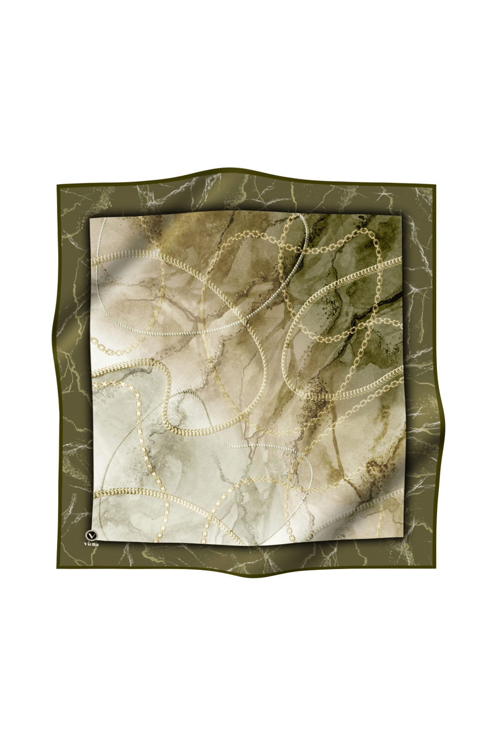 Twill Mermer ve Zincir Desenli Haki Renkli 90x90 Eşarp (İpek İçermez) Kenar Dikiş Şekli El Dikişli