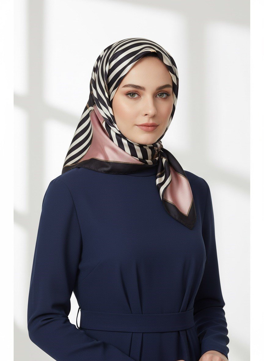 %100 Twill İpek Zincirli Çizgi Desenli Pudra - Siyah Renkli 90x90 Eşarp Dikim Şekli : El Dikişi