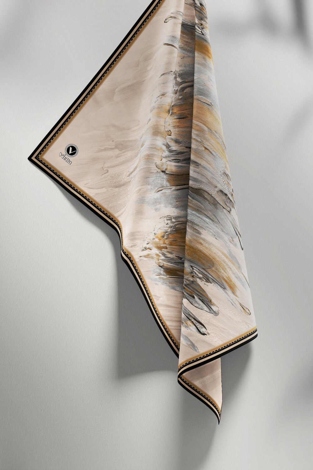Twill Fırça Darbesi Desenli Bej Renkli 90x90 Eşarp (İpek İçermez) Dikim Şekli : El Dikişi