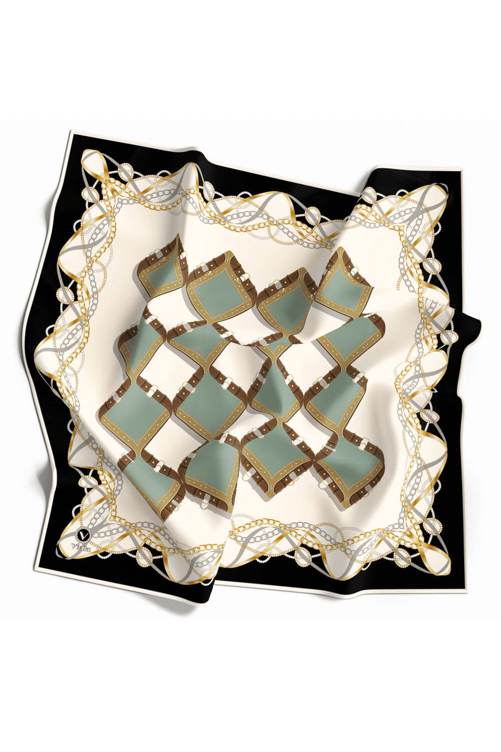 Twill Kemer Ve Zincir Desenli Koyu Mint Yeşiili Renkli 90x90 Eşarp (İpek İçermez) Kenar Dikiş Şekli El Dikişli