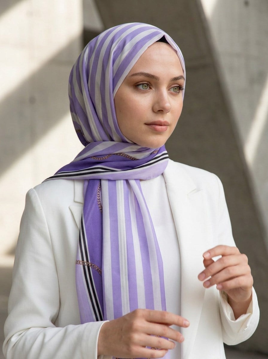 %100 Saf İpek Şal İnce Saten Vual Dokuma Geometrik Desenli 90x210 Şal