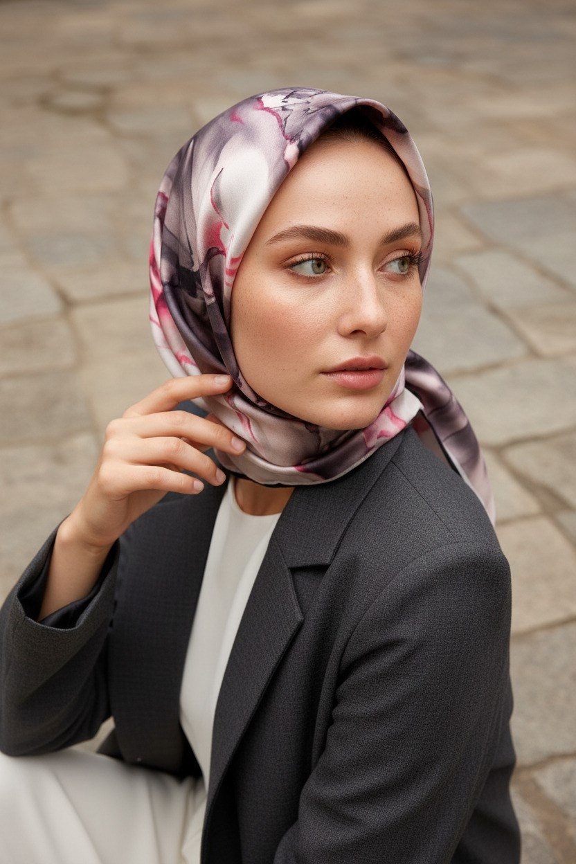 % 57 İPEK % 43 VİSKON Twill İpek Batik Çiçek Desenli Gri - Pembe Renkli 90x90 Eşarp Kenar Dikiş Şekli El Dikişli