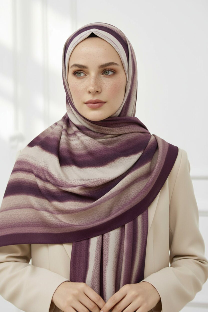 KREP SULU BOYA ÇİZGİLİ DESENLİ BORDO RENKLİ 75X195 KIRIŞMAZ ŞAL