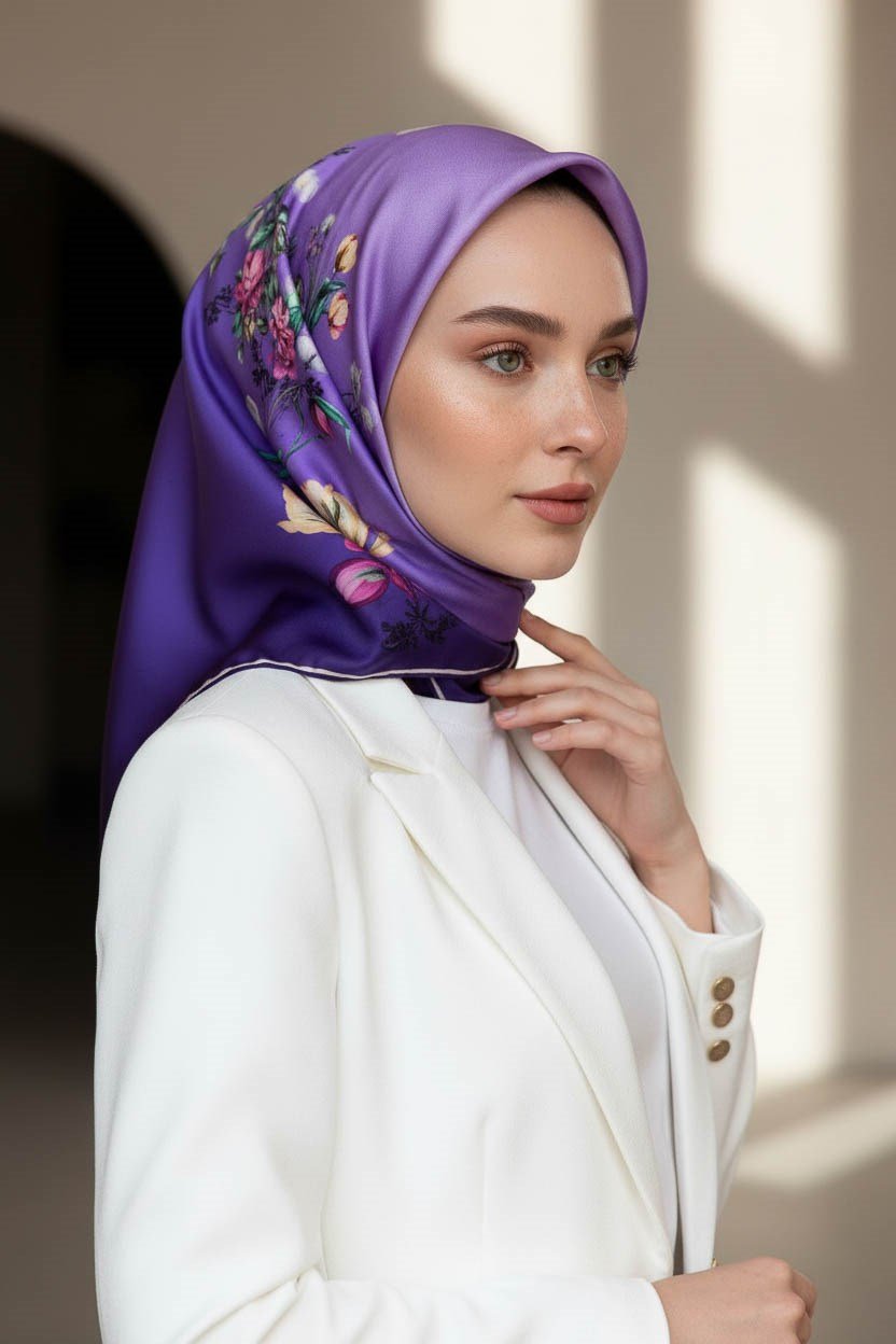 %100 Twill İpek Sonsuz Çiçek Desenli Lila Renkli 90x90 Eşarp Dikim Şekli : El Dikişi