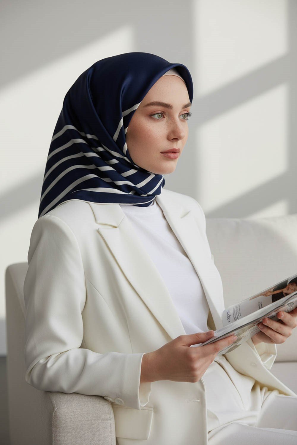 %100 Twill İpek Çizgili Desenli Lacivert - Krem Renkli 90x90 Eşarp Dikim Şekli : El Dikişi