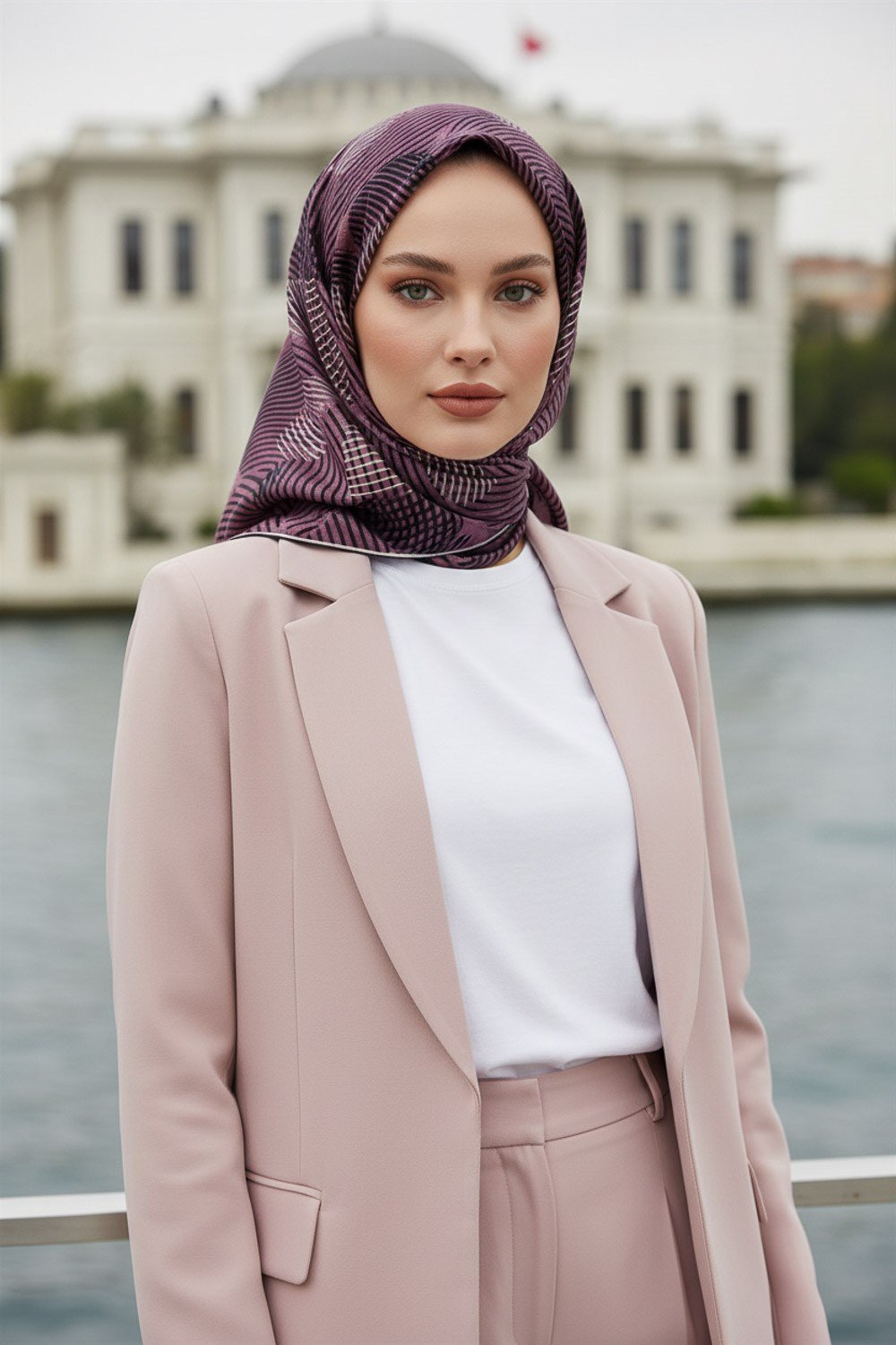 %100 Twill İpek Çizgili Çiçek Desenli Siyah - Gül Kurusu Renkli 90x90 Eşarp Dikim Şekli : El Dikişi