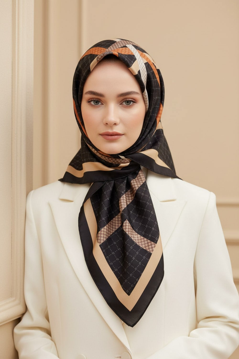 %57 İPEK %43 VİSKON Twill İpek Monogram Ve Şerit Desenli Siyah - Taba Renkli 90x90 Eşarp Dikim Şekli : El Dikişi