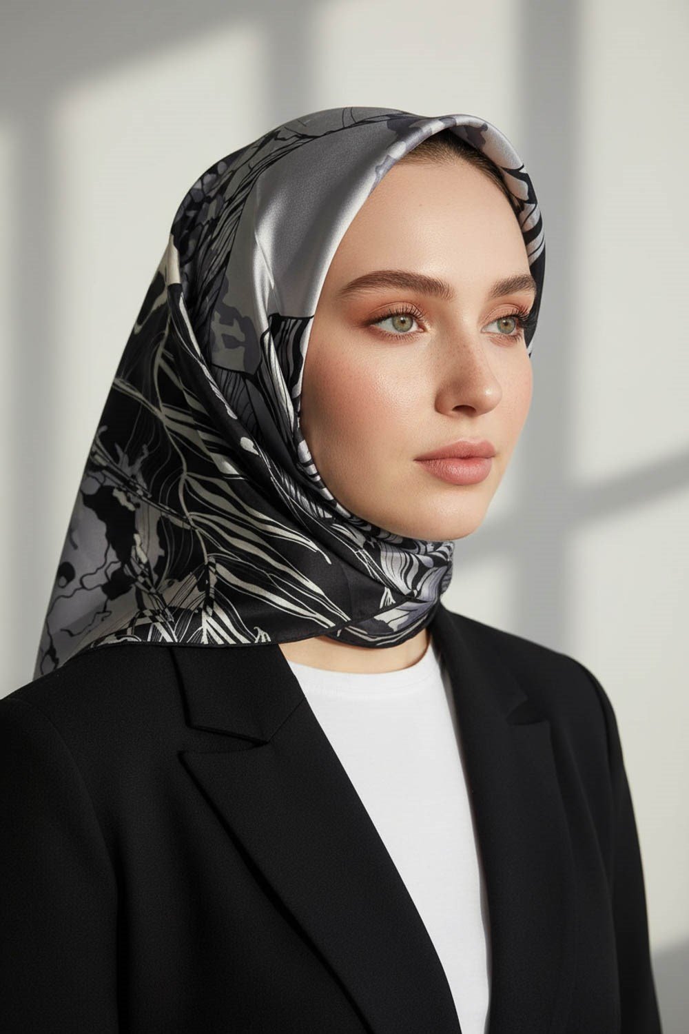 %100 Twill İpek Yaprak Desenli Gri - Siyah Renkli 90x90 Eşarp Dikim Şekli : El Dikişi